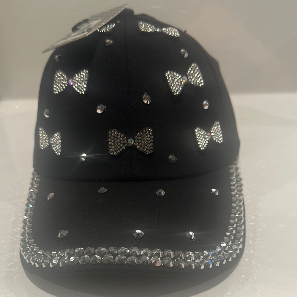 NWT Olivia & Kate Black Bejeweled adjustable back Cap.